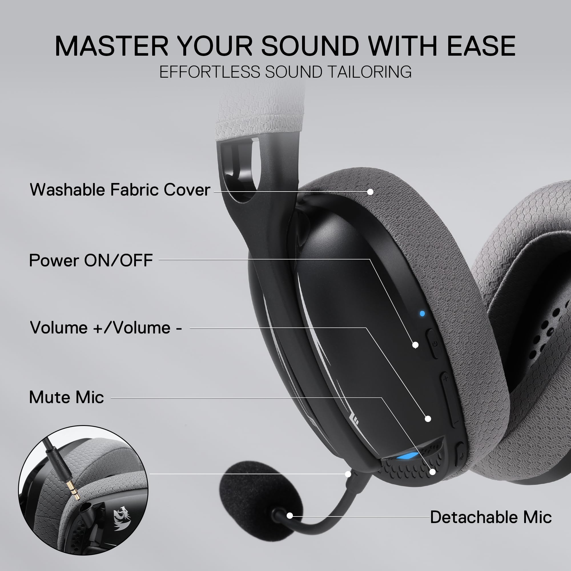 FONE DE OUVIDO HEADSET GAMER SEM FIO REDRAGON SKULD PRO PRETO - Miniatura 4
