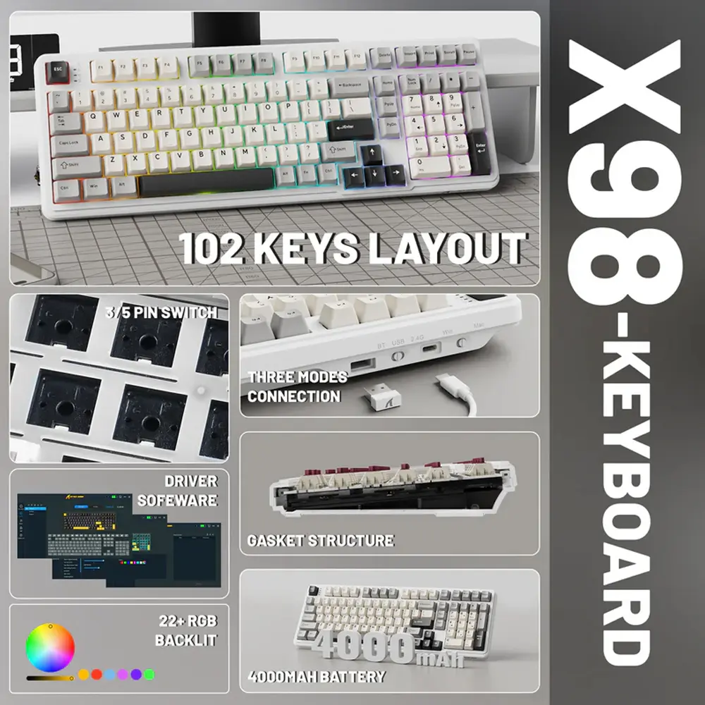 TECLADO MECANICO SEM FIO ATTACK SHARK X98  RGB 100%  BRANCO - Miniatura 5