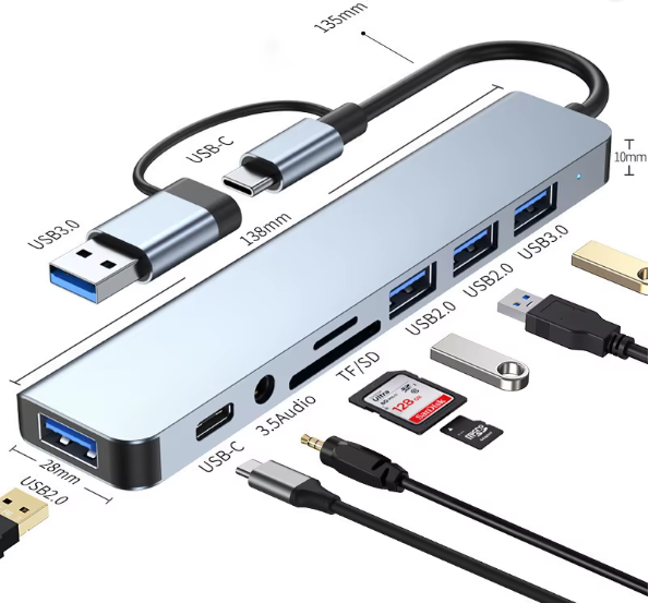 HUB USB-C 8-1 (1 USB-C, 4 USB-A 2.0, TF/SD, P2)